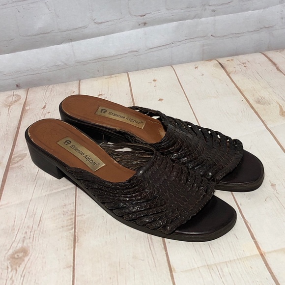 Etienne Aigner Shoes - Vintage ETIENNE AIGNER Agatha Dark Brown Heel Sandals Leather Woven